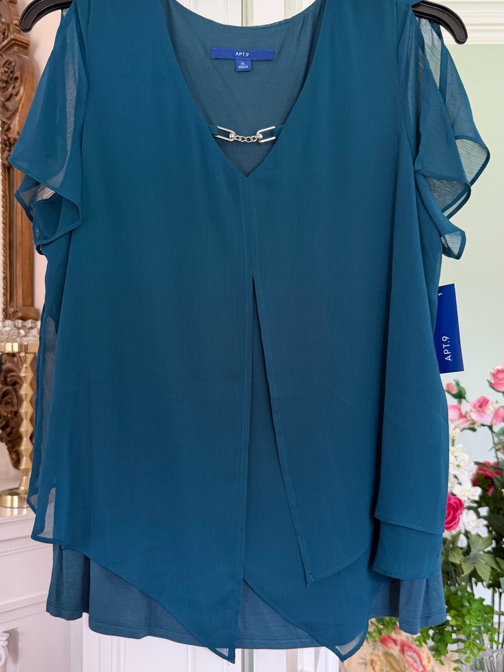 Apt. 9 Teal V-Neck Layered Flutter Sleeve Blouse with Chain Detail, size XL, NWT